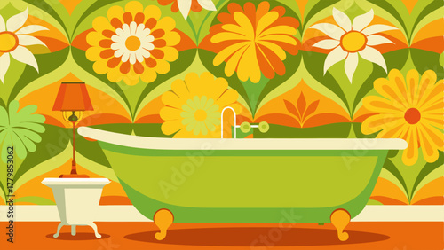A bathroom with bright orange and lime green floral wallpaper and a retro clawfoot bathtub.