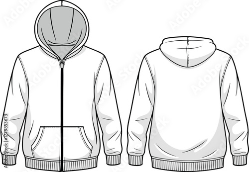 Hoodie, zip-up, fashion, vector, illustration, front, back, sketch, outline, zipper, hood, pocket, cuff, hem, casual, garment, stylish, comfortable, design, outerwear, template