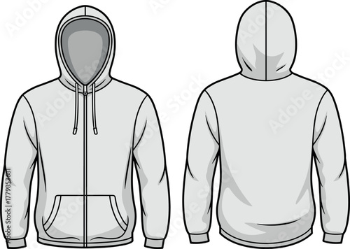 Hoodie, zip-up, fashion, vector, illustration, front, back, sketch, outline, zipper, hood, pocket, cuff, hem, casual, garment, stylish, comfortable, outerwear, design, template