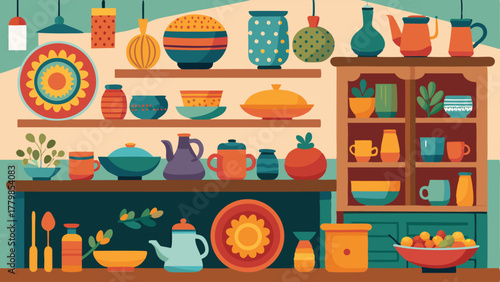 A bohoinspired kitchen with open shelves adorned with an abundance of colorful ceramic dishes and bowls.