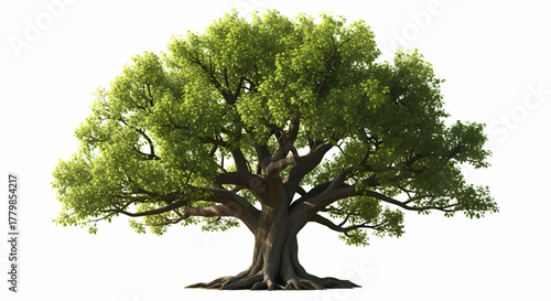 Majestic solitary oak tree with a lush green canopy and strong roots, isolated vector illustration