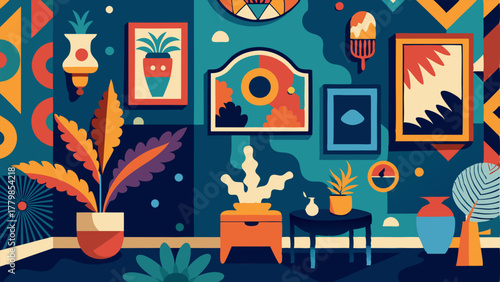 A bold patterned wallpaper covers one wall while the others are adorned with various pieces of artwork creating a visually stimulating and artistic atmosphere.