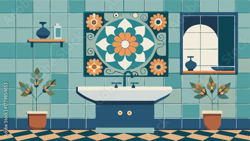 A bathroom with a handmade mosaic tile backsplash with each tile carefully p to create a stunning pattern.