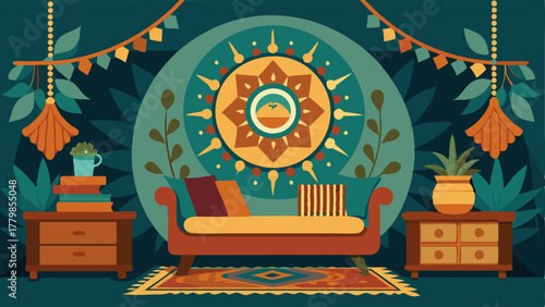 A bohemianinspired reading nook complete with an intricately patterned tapestry hung on the wall.