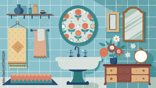 A bathroom with a mix of patterned tiles a vibrant floral shower curtain and a collection of antique mirrors on the walls.