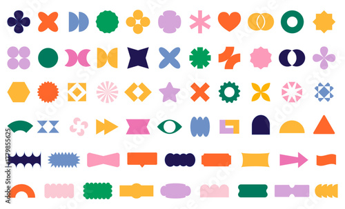 Vector Groovy retro shapes. Abstract geometric shapes, brutalism forms, memphis geometric elements. Trendy minimalist basic figures, stars, lines and circles.Y2K retro badges for poster logo design. 