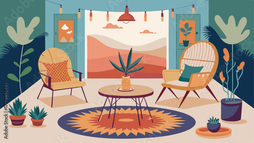 A bohemianinspired patio with a mix of midcentury style outdoor chairs and an eclectic outdoor rug.