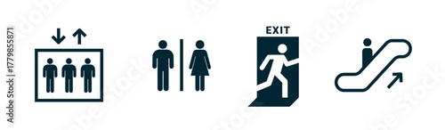 Set of Public Facility Icons Elevator, Restroom, Exit, and Escalator minimal symbols icon