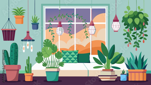 A bedroom decorated with a variety of succulents and tropical plants hanging from macrame plant hangers and p on windowsills.