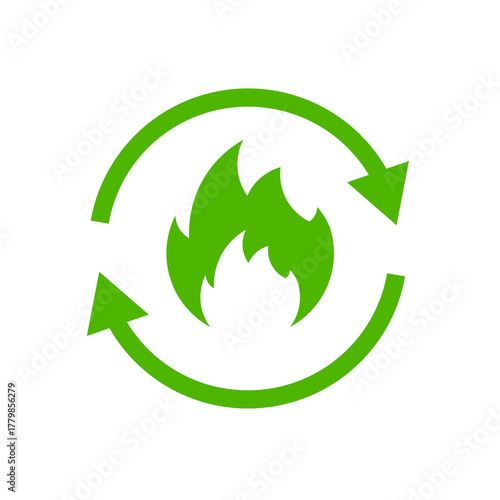 Green metabolic energy icon arrow flame symbol metabolism process, calorie burn, body energy cycle