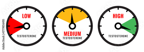Testosterone low level health meter icon. Testosterone therapy hormone level libido infographic