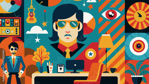 A bold graphic wallpaper featuring iconic images from the 60s and 70s creating a statement wall in a home office.