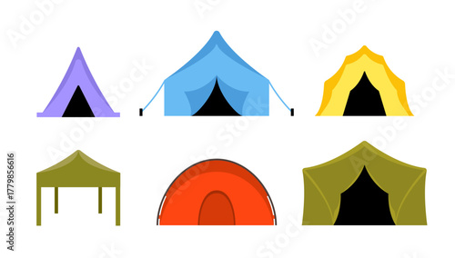 Camp tent flat icon set. Travel tent outdoor canvas adventure summer camp house festival