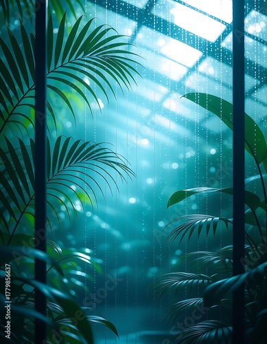 Lush tropical greenhouse interior on a rainy day with dramatic sunlight rays and vibrant foliage