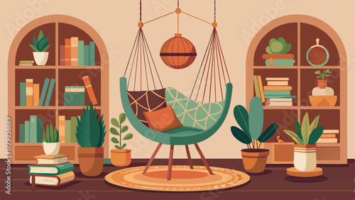 A bohoinspired reading nook complete with a rattan hanging chair a macrame wall hanging and shelves filled with vintage books and potted succulents.