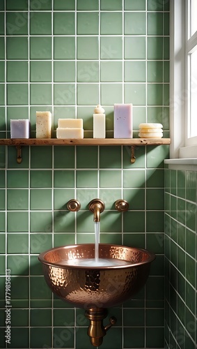 Elegant bathroom with green square tiles, hammered copper sink, and natural bar soap on a shelf.