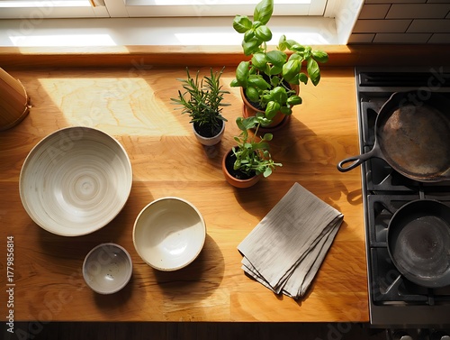 Overhead view of kitchen counter with fresh basil, bowls, and cast iron cookware.