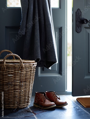Cozy entryway interior with brown leather boots, large wicker basket, and open door light.
