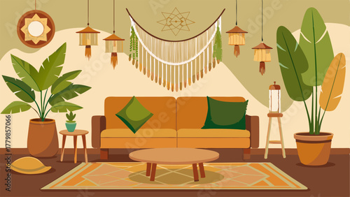 A bohoinspired living room with a macrame wall hanging bamboo furniture and leafy palm plants.
