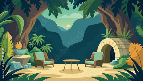 A bat transformed into a tropical oasis with large palm trees and ferns lining the walls and a seating area with rattan furniture.