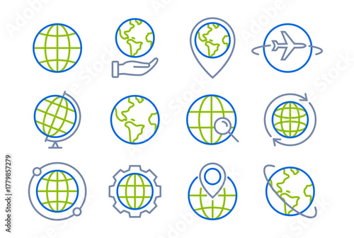 World globe line icon. Vector Earth global country map planet line icon. Travel internet globe set