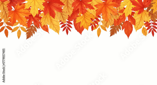 A beautiful autumn foliage border with vibrant red, orange and yellow falling leaves, seasonal vector illustration