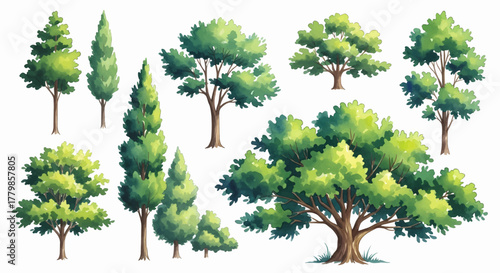 A beautiful set of various green deciduous and coniferous trees, isolated on a white background vector illustration