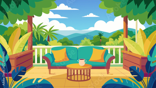 A balcony with wicker furniture bright throw pillows and a view of a lush tropical garden.