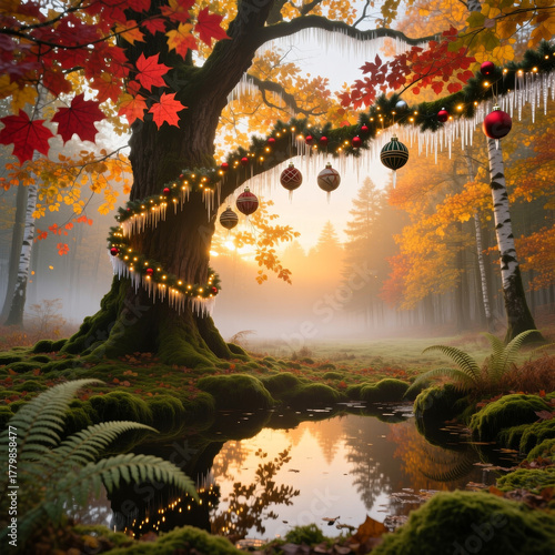 Forêt enchantée au coucher de soleil ambiance féerique de Noël lumière dorée paysage hivernal magique