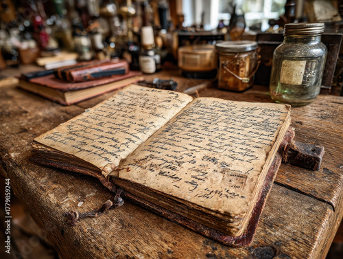 Old handwritten journal open on rustic wooden table with vintage glass jars and antique books blurred in background indoors warm lighting