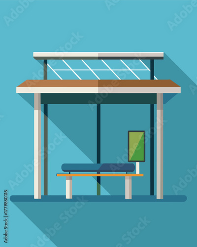 A bus stop shelter with a solar panel roof providing shade for commuters while charging their phones and other electronic devices.. Vector illustration