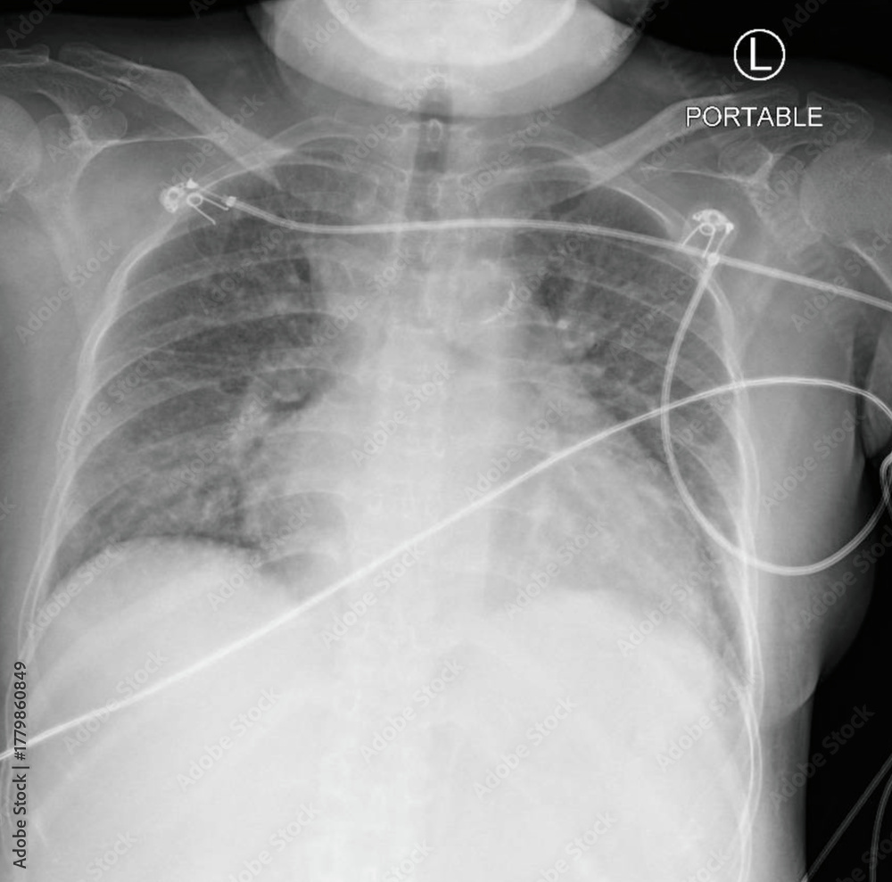 Poster Portable chest X-ray radiograph showing thoracic cavity with ...