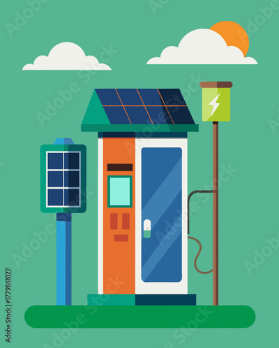 A converted phone booth now serves as a solarpowered charging station providing convenience and sustainability to city dwellers.. Vector illustration