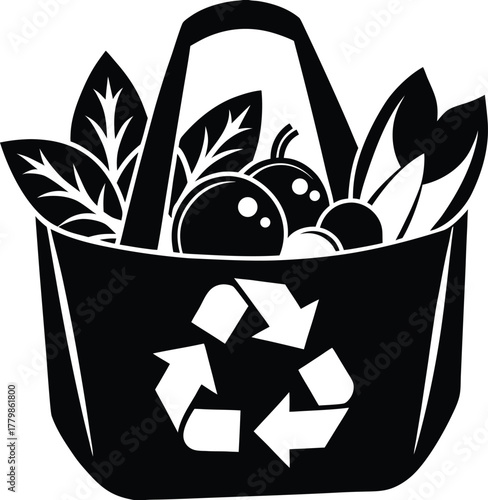 Black and white illustration of a reusable shopping bag filled with produce and a recycling symbol grocery