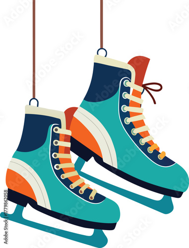 Pair Of Teal And Orange Ice Skates Hanging By Laces On White figure skates ice skating