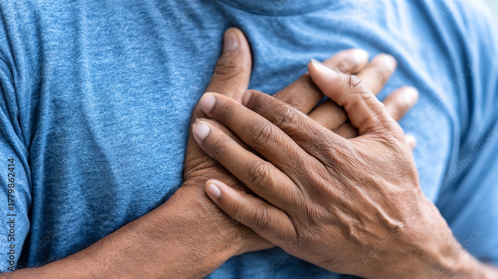 Fototapeta premium A close-up of a man's hands placed over his chest, symbolizing feelings of pain or emotional distress