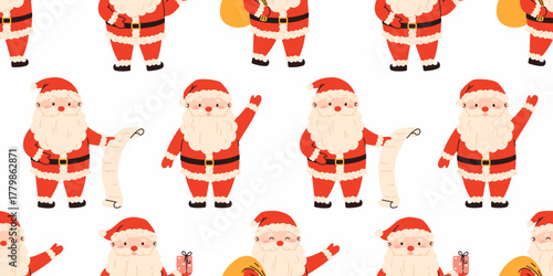 Seamless pattern with cute Santa Clauses. Christmas and holiday elements.