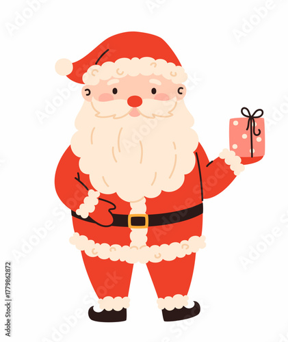 Santa Claus with a gift. Christmas and holiday elements.