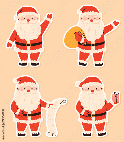 A set of cute Santa Claus stickers. Christmas and holiday elements.