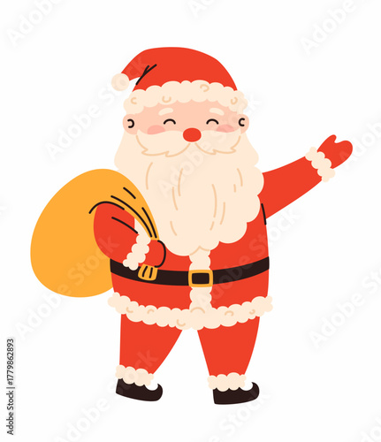 Santa Claus with a sack of gifts. Christmas and holiday elements.