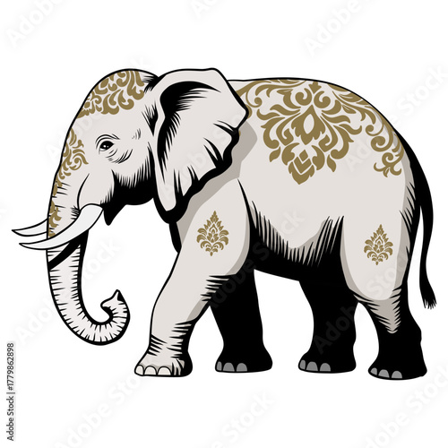 Photography Decorative elephant vector with golden damask pattern, elegant elephant damask pattern art, and traditional elephant damask pattern illustration