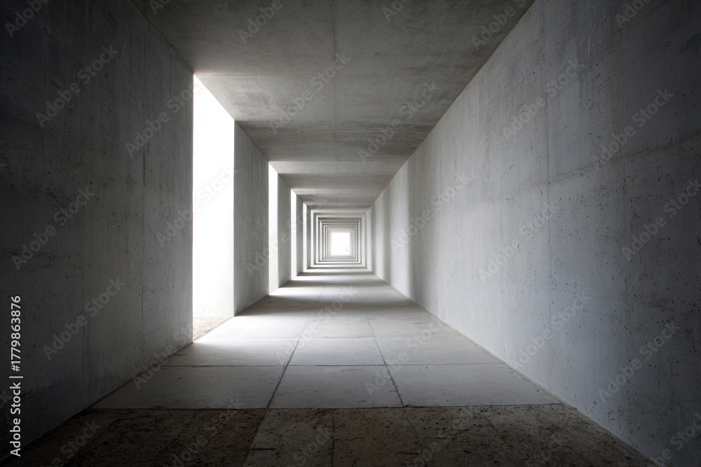 Fototapeta premium A minimalist concrete tunnel with light shining through an open door, symbolizing hope, direction, and the journey toward achievement.