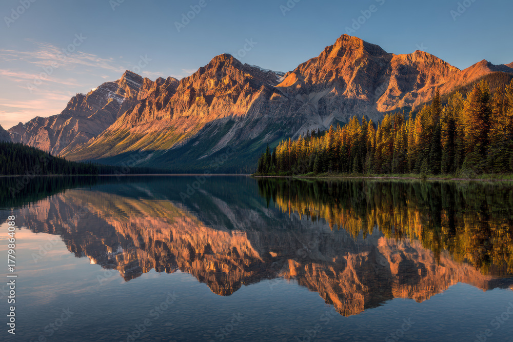 Obraz premium A majestic mountain reflected in a still lake at sunrise, symbolizing balance, clarity, and the serene power of achievement.