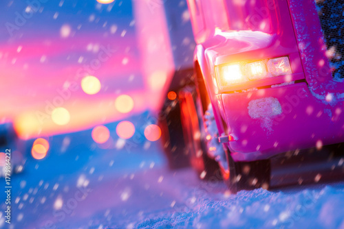 Semi truck driving in snowstorm harsh winter logistics transportation highway scene