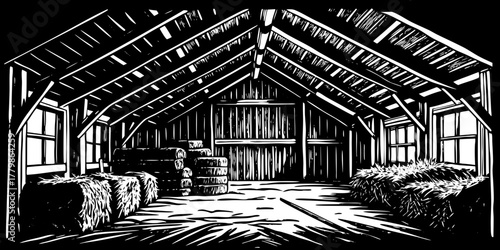 Rustic barn loft interior with hay bales and wooden beams creating a warm atmosphere. Spacious barn loft features straw bales stacked neatly, soft light filtering through windows.