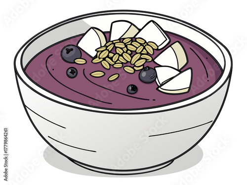 Acai smoothie bowl with fresh toppings including coconut, blueberries, and seeds in a white bowl.