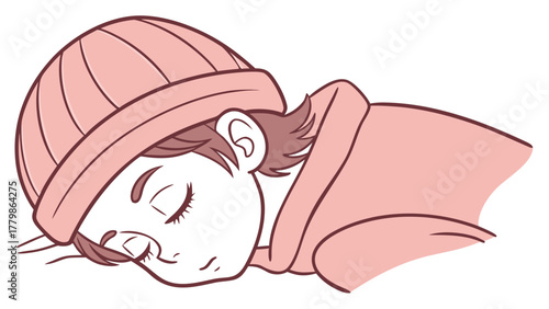 Wool cap on sleeping child isolated on transparent background. Child wearing cozy hat sleeps soundly, highlighting innocence and comfort. Concept of peaceful sleep in cozy environments.