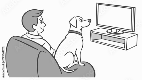 Dog watching television with owner sitting on couch. Comfortable scene depicts dog enjoying show alongside owner while relaxing. Ideal concept for pet-related promotions and home entertainment themes.