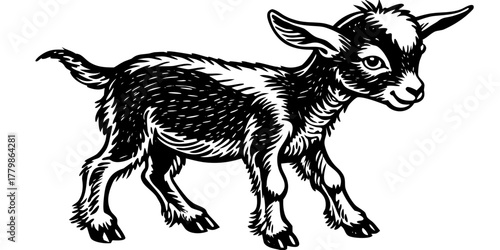 Playful baby goat enjoying its surroundings while exploring grass and nature. This lively baby goat exhibits curiosity and playful behavior as it runs freely in a bright and cheerful outdoor setting.