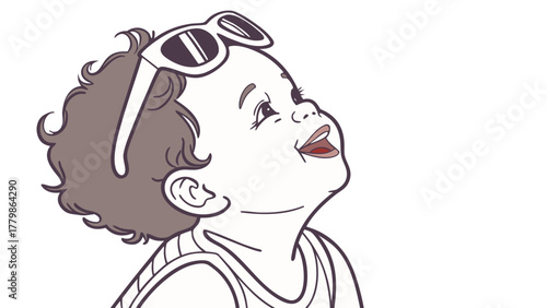 Toddler with sunglasses on head looking up with a joyful expression. Cute toddler enjoys sunny moments wearing stylish sunglasses, radiating happiness.